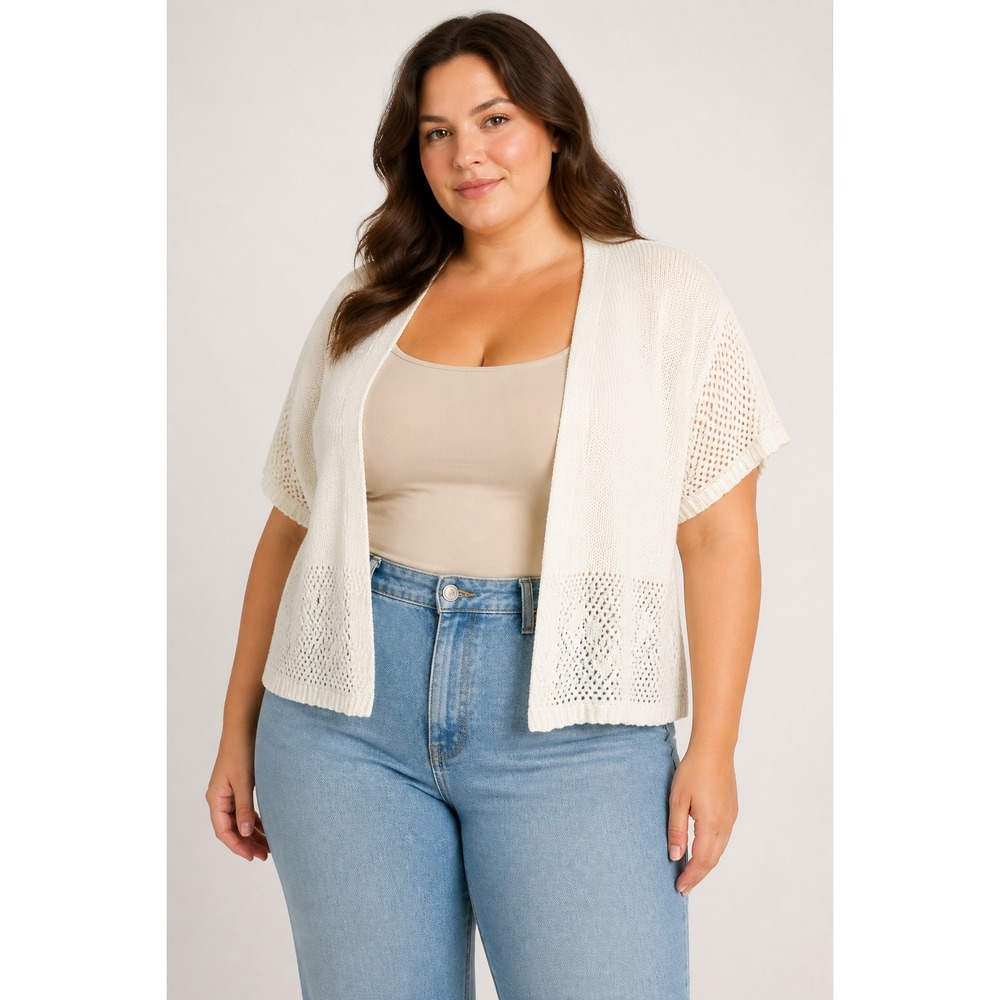 Kim Rogers Womens 1X White Crochet Knit Open Front Cardigan Short Sleeve Plus